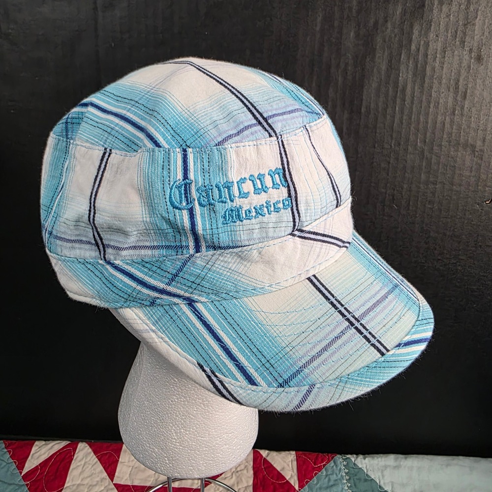 Cancun Mexico Cadet Hat Unisex OS Blue White Plaid Caribbean Side Souvenir Cap